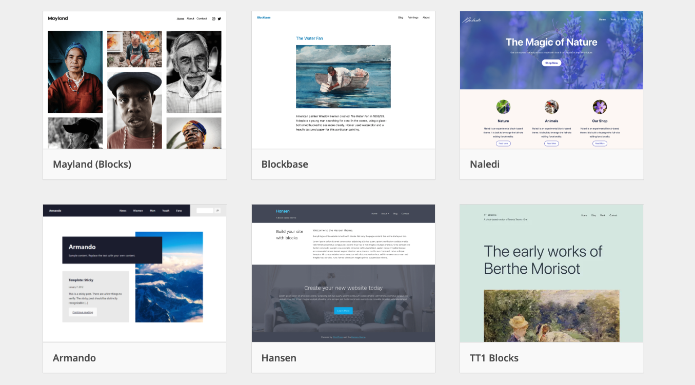 Screenshot of List of Themes for Full-Site Editing